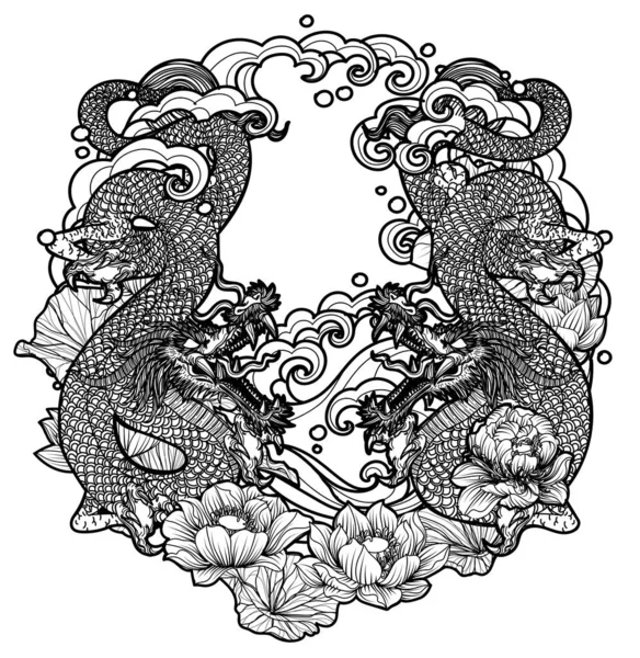 Татуировка Даргон Приливах Ручной Рисования Эскиз Черно Белый — стоковый вектор