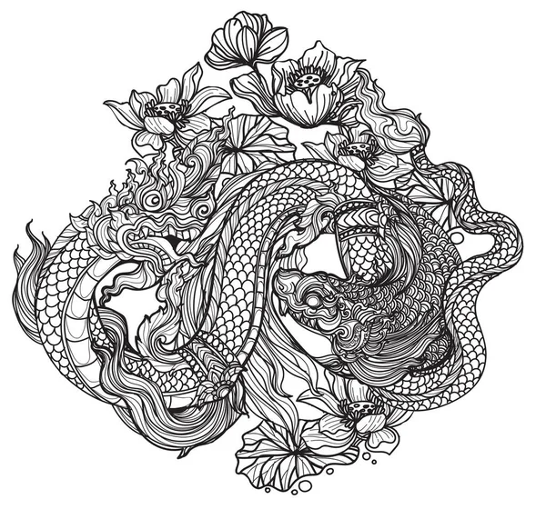 Tatuaje Arte Tailandés Peces Serpiente Tailandesa Estanque Con Flores Loto — Vector de stock