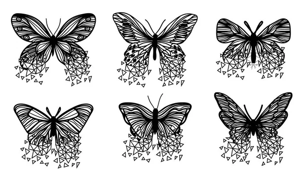 Tatuaje Arte Conjunto Mariposa Flor Boceto Blanco Negro — Vector de stock