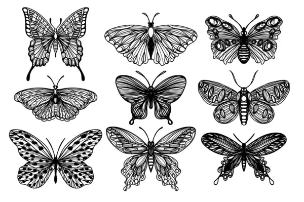 纹身艺术设置的蝴蝶草图黑白相间 — 图库矢量图片