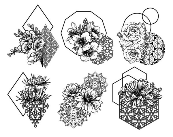 Conjunto Flores Bosquejo Mano Dibujo Blanco Negro — Vector de stock