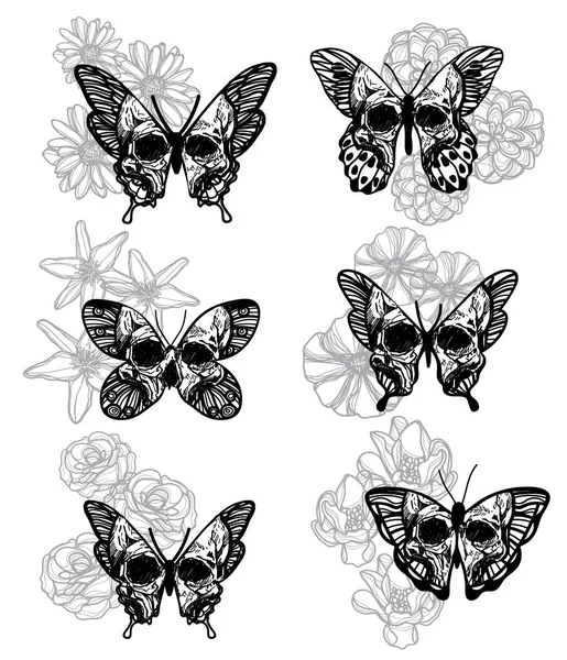 Tattoo Art Set Schmetterling Skizze Schwarz Und Weiß — Stockvektor