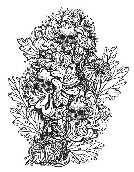 Tetování Umělecké Lebky Květiny Ruční Kreslení Náčrt Černé Bílé — Stockový vektor