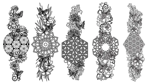 Tattoo Art Set Croquis Papillon Fleur Noir Blanc — Image vectorielle