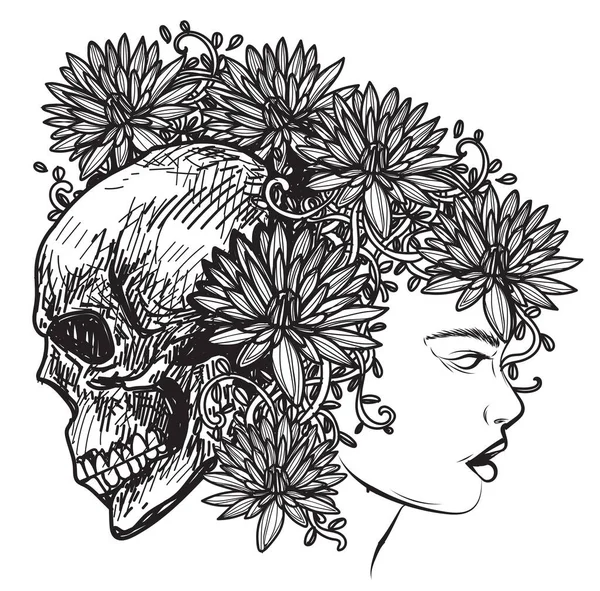 Tetování Umění Ženy Květiny Lebka Ruční Kreslení Skica Černá Bílá — Stockový vektor