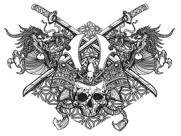 Tatuagem Arte Guerreiro Cabeça Japonês Espada Dragão Desenho Literatura Mão — Vetor de Stock
