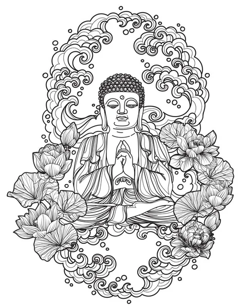 Tatuaje Arte Buddha Diseño Dibujo Mano Loto Boceto — Vector de stock