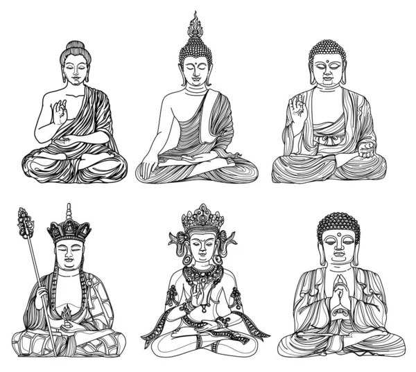 Desain Buddha Tato Art Set Gambar Tangan Dan Sketsa - Stok Vektor