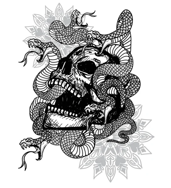 Tatuaje Arte Cráneo Serpiente Mano Dibujo Boceto — Archivo Imágenes Vectoriales