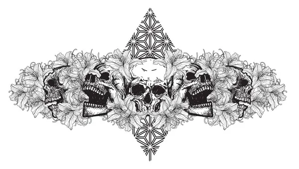 Arte Tatuagem Crânio Com Flores Desenho Esboço Preto Branco — Vetor de Stock