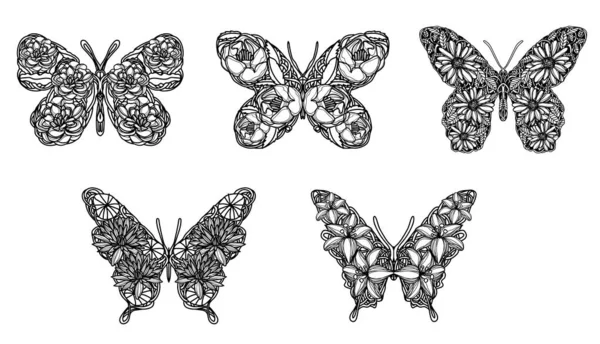 Tatuaje Arte Mariposa Boceto Blanco Negro — Vector de stock