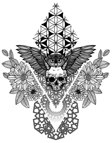 Tatuaje Arte Búho Calavera Flor Dibujo Mano Boceto Blanco Negro — Archivo Imágenes Vectoriales