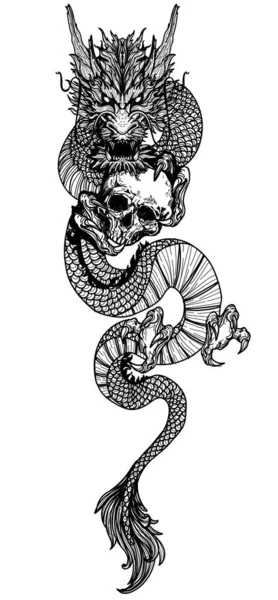 Tatuaje Arte Dragón Volar Mano Dibujo Boceto Blanco Negro — Archivo Imágenes Vectoriales