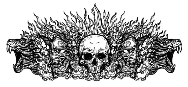 Tatuagem Arte Crânio Diabo Máscara Tigre Desenho Esboço Preto Branco — Vetor de Stock