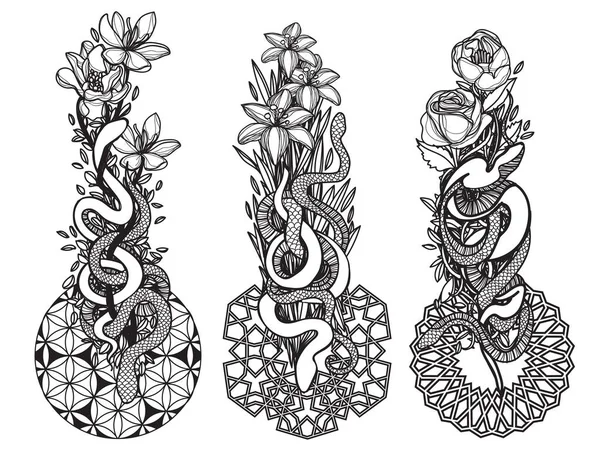 Tatuaje Arte Serpiente Flor Dibujo Boceto Blanco Negro — Vector de stock