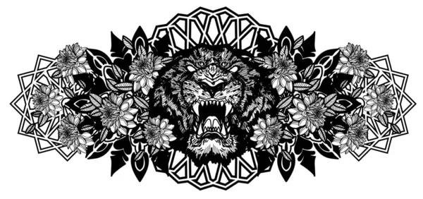 Tatuaje Arte Tigre Mano Dibujo Boceto Blanco Negro — Vector de stock