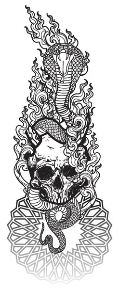 Tatuaggio Arte Cobra Cranio Disegno Schizzo Bianco Nero — Vettoriale Stock