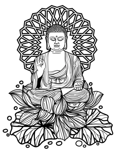 Tatouage Art Buddha Chine Conception Sur Lotus Dessin Main Croquis — Image vectorielle
