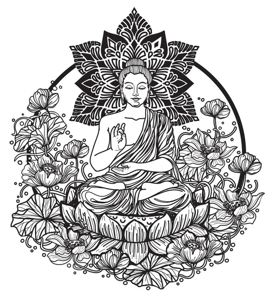Seni Tato Buddha Pada Gambar Tangan Teratai Dan Sketsa - Stok Vektor