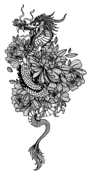 Dargon Arte Tatuaje Flor Dibujo Boceto Blanco Negro — Vector de stock