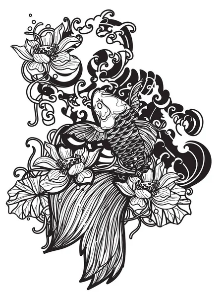 Tatuaje Arte Japón Peces Diseño Mano Dibujo Boceto Blanco Negro — Archivo Imágenes Vectoriales