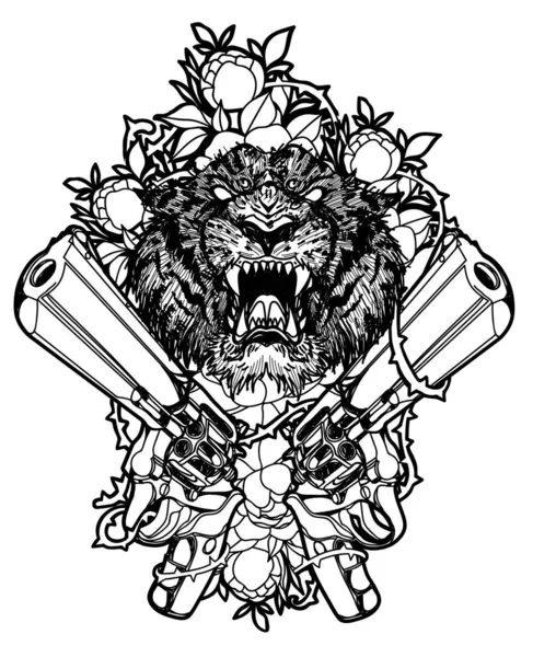 Tatouage Art Tigre Visage Intérieur Pistolet Fleurs Sur Fond Blanc — Image vectorielle