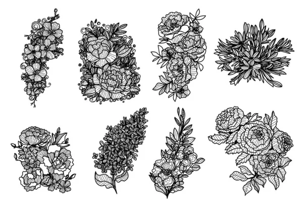 Fleurs Dessin Main Croquis Noir Blanc — Image vectorielle