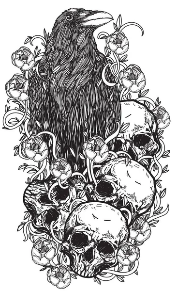 Tatouage Corbeau Art Sur Crâne Fleur Dessin Main Croquis — Image vectorielle