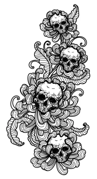 Tatuaje Arte Cráneo Flor Mano Dibujo Boceto Blanco Negro — Archivo Imágenes Vectoriales