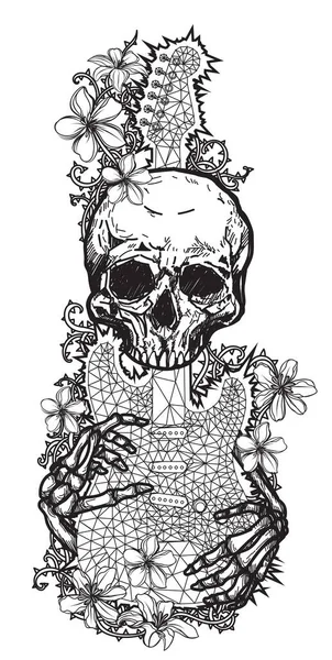 纹身艺术骷髅草图花和吉他黑白相间 — 图库矢量图片