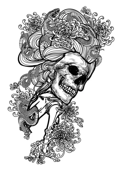 Tatuagem Arte Crânio Cobra Flor Mão Desenho Esboço Preto Branco — Vetor de Stock