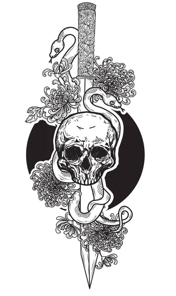 Tetování Umění Lebka Had Japonském Meči Květina Pozadí — Stockový vektor
