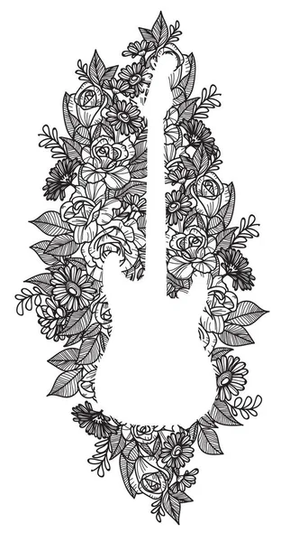 Tetování Umění Ruční Kresba Skica Květina Kytara Černá Bílá Line — Stockový vektor