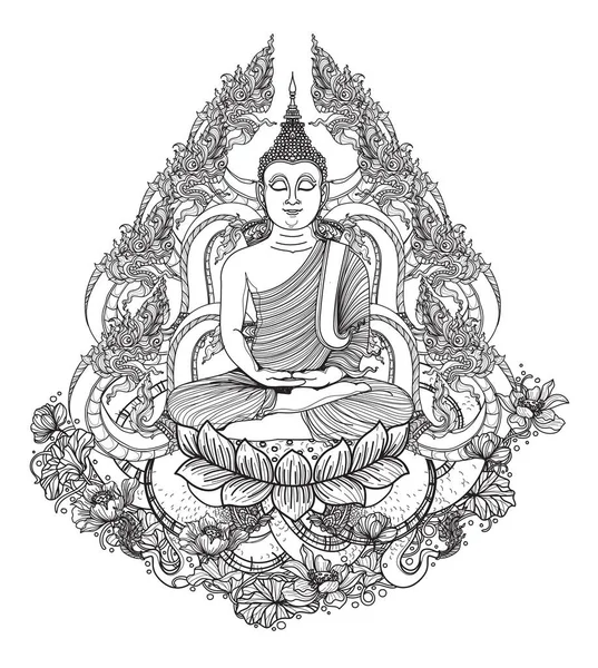 Tatuering Konst Buddha Och Thai Dargon Hand Ritning Och Skiss — Stock vektor
