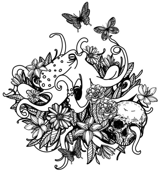 Tetování Umění Olihně Květina Ruční Kreslení Náčrt Černé Bílé — Stockový vektor