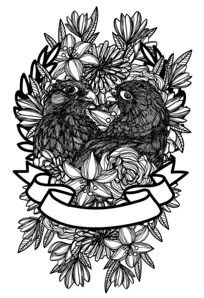 Татуировка Орла Цветах Черно Белый — стоковый вектор
