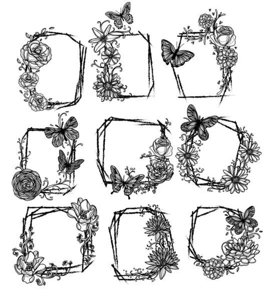 Цветы Ставят Ручной Рисунок Эскиз Черно Белый — стоковый вектор