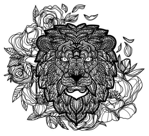 ライオンと花の手描きで白黒のスケッチを — ストックベクタ