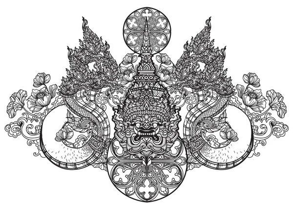 Татуировка Искусство Тайской Змеи Змея Гигантский Шаблон Литературе Руки Рисования — стоковый вектор