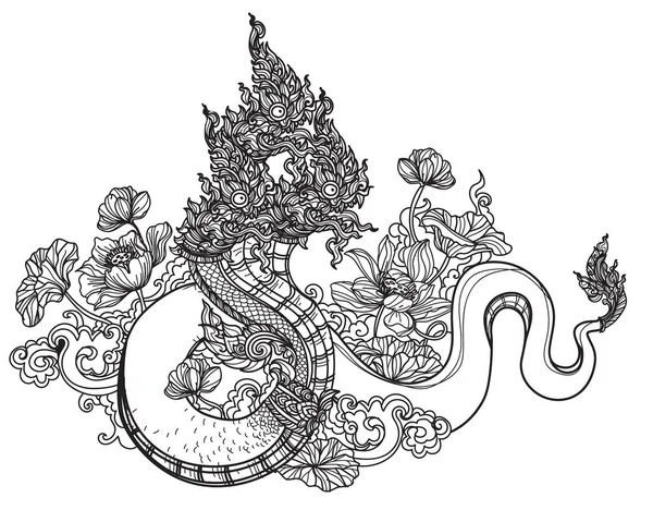 Tatuaje Arte Tailandés Patrón Serpiente Literatura Dibujo Mano Boceto — Vector de stock
