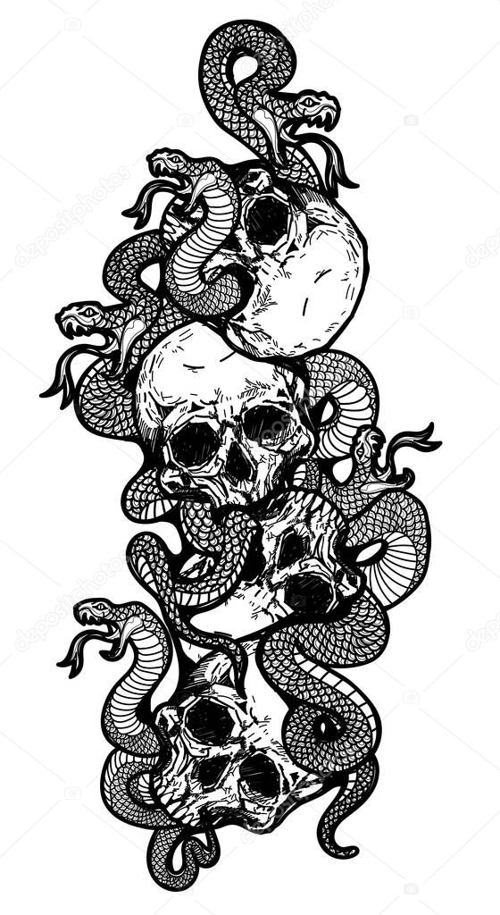 Skull tattoo art with snake drawing sketch black and white