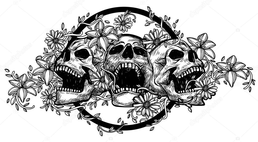 Skull tattoo art with flowers drawing sketch black and white