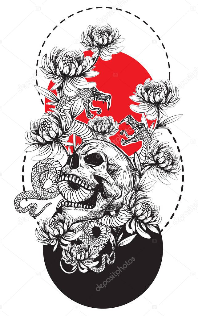 Tattoo art skull and snake flower hand drawing and sketch