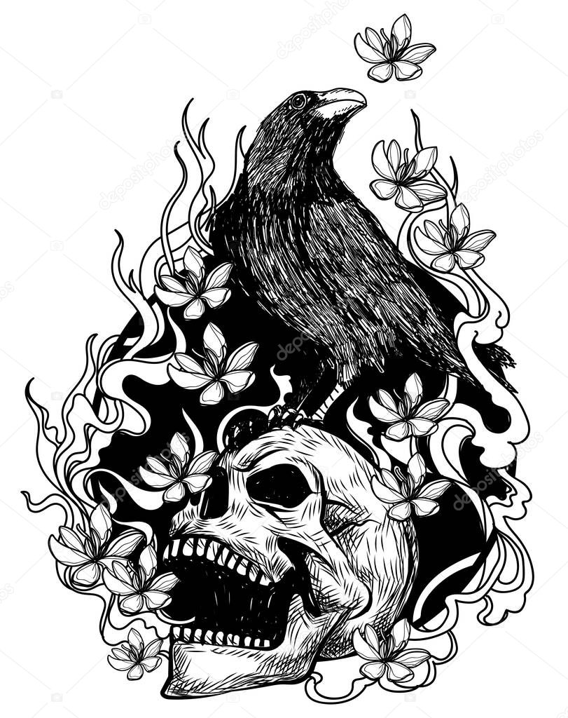 Tattoo art crow on a skull hand drawing and sketch