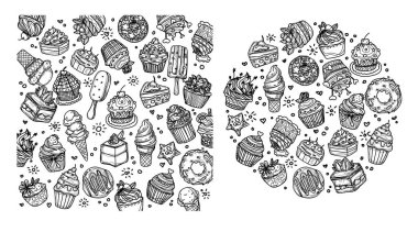 Fırın kahvesi, meyve suyu seti el çizimi ve çizim