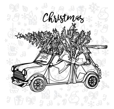 Beyaz arka planda Noel ağacı olan klasik bir Noel çizimi.