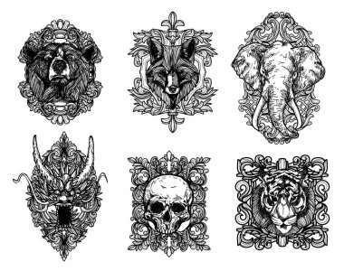 Dövme sanatı kaplan ejderha kurt fil kafatası çizimi ve beyaz arka planda izole siyah beyaz çizimi.