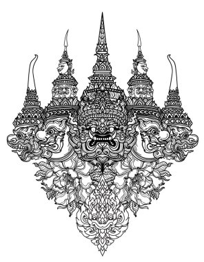 Dövme sanatı Thai yılanı ve dev desenli edebiyat el çizimi.