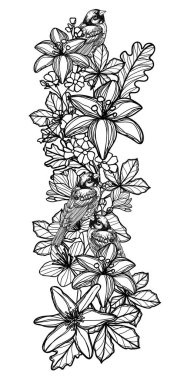 Dövmeli kuş ve çiçek elli çizim yapıyor.