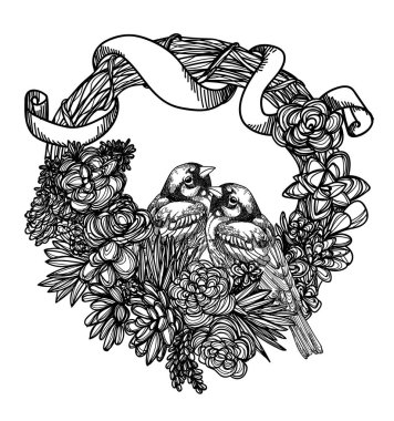 Dövmeli sanat kuşu el çizimi ve beyaz arka planda siyah beyaz çizim.